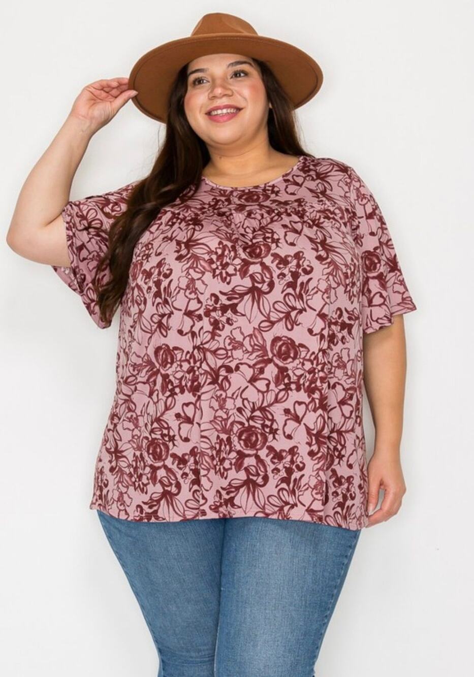 Plus Size Mauve Floral Short Sleeve Top – Size 6X